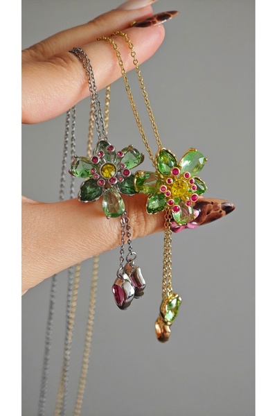 AURRARİ Idyllia Asansörlü Kolye Yeşil Çiçek Y Çelik Kolye