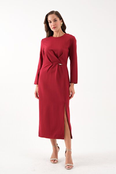 Lafaba Kadın Bordo İnci Detay Midi Davet Elbisesi