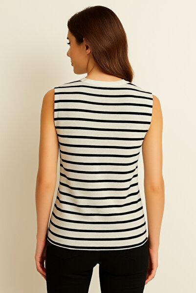 Ramior Women's Navy Blue-White Striped Sleeveless Basic T-Shirt