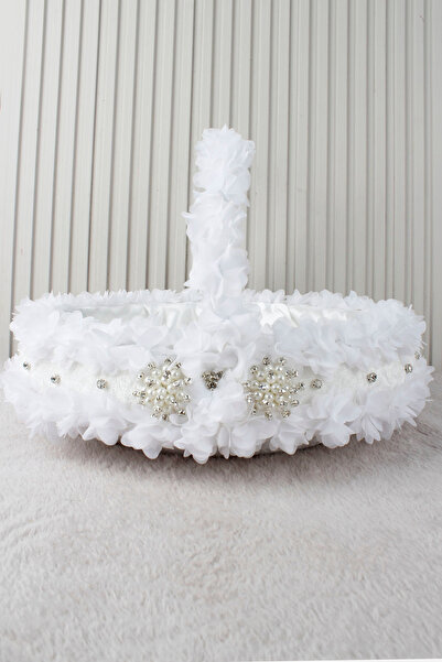 Mortex Beyaz Gelin Sepeti,Lazer Çiçekli Gümüş Taş Süslemeli Broşlu, Kına Nişa...