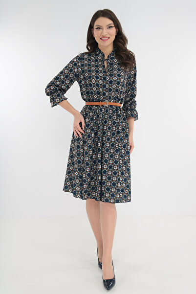 Vanessa Line RO Navy blue wrap dress with a red belt at the waist