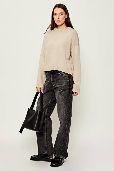 Calvin Klein Kadın Bisiklet Yaka Regular Fit Kısa Kazak - Bej