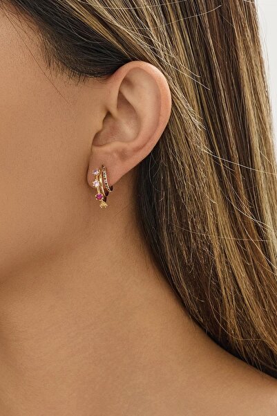 New Obsessions 3 Katlı Pembe Taşlı Elegant Küpe