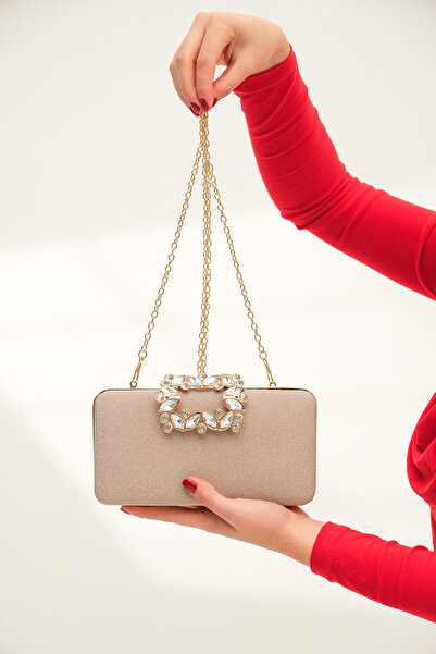 ROZA CANTA Βραδινό φόρεμα με χρυσό γκλίτερ με λεπτομέρεια με λουλουδάτο μοτίβο, βραδινή τσάντα για πάρτι