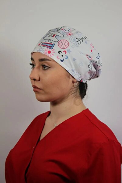 DEMOTEKS Boneta medicala alba unisex cu imprimeu dinti smile