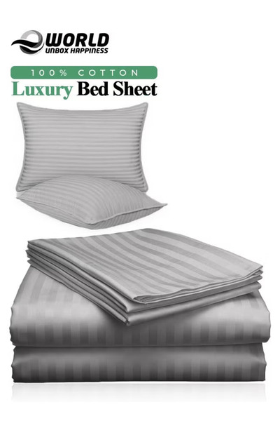 Eworld 3 Piece Gray Striped Cotton Single Bed Sheet Set – Flat Sheet & 2 Pillowcases