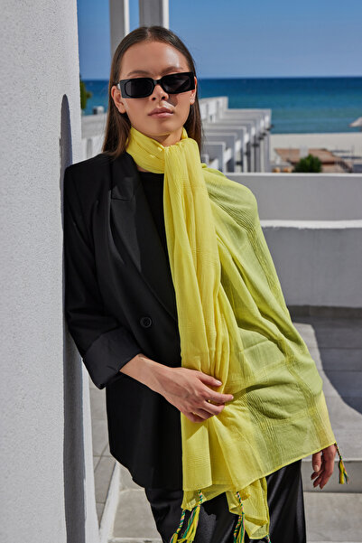 FENZA SCARF ŞAL DE BUMBAC BRICE GALBEN CU FRĂŞCI LUNGĂ