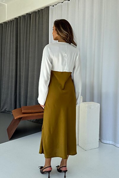 Mine Tan Butik V-Neck Lace Detailed Women's Dress - Khaki