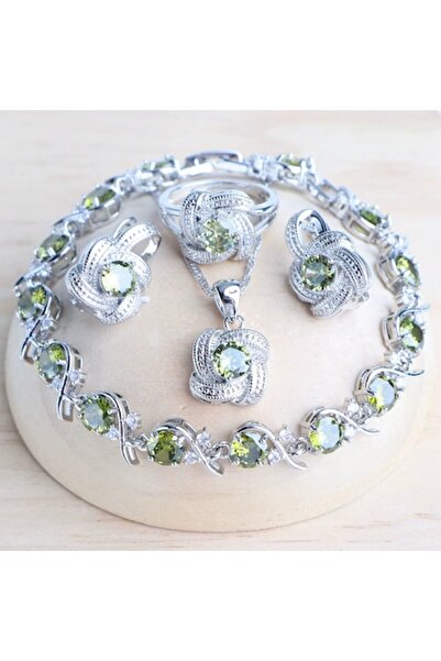 OEM Set jewelry plated with silver 925, with green-peridot zircon crystals