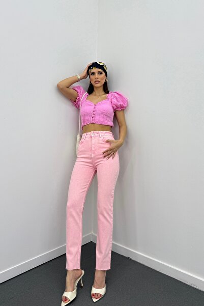 Narferita Juliet Açık Pembe Renk Yüksek Bel Slim Fit Jeans