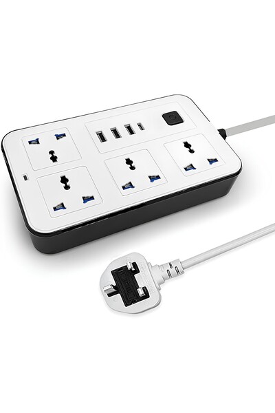 Genenic Universal Extension Cord with 4 Power Socket, 3USB &1 type C charging slot, Lead 5M,13A, MAX W 2500