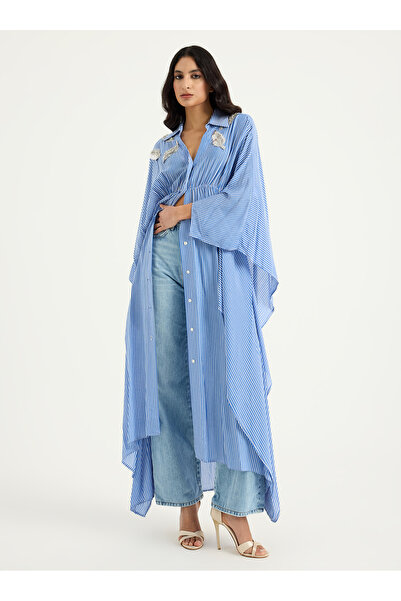 Store Wf فستان مخطط باللون الأزرق مع تطريز بالترتر