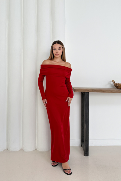 MİROR Women's Red Madonna Collar Long Sleeve Evening Dress