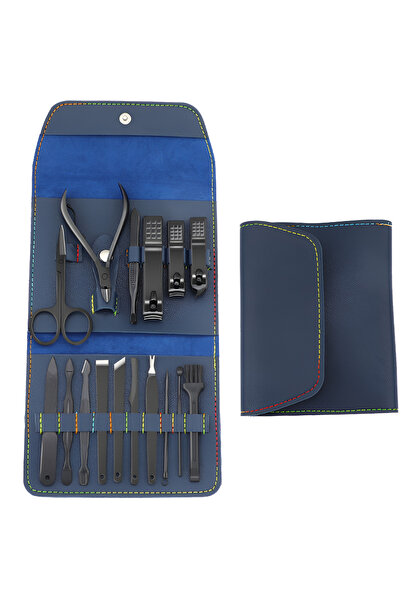 NEO Trusa de Manichiura Profesionala NEO™, 16 Piese, Imbracata in Piele Albastra