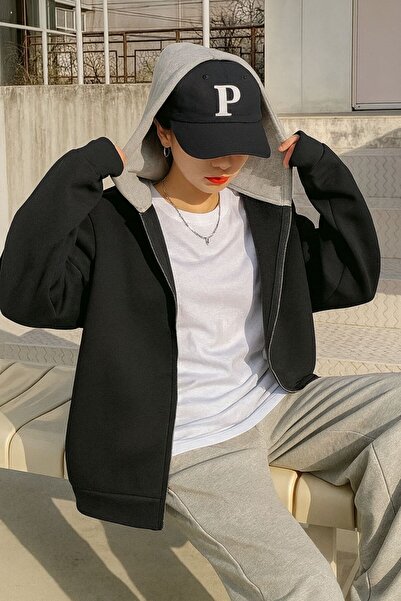 LOUİSA Women's Hooded Gray Black Zippered Cardigan