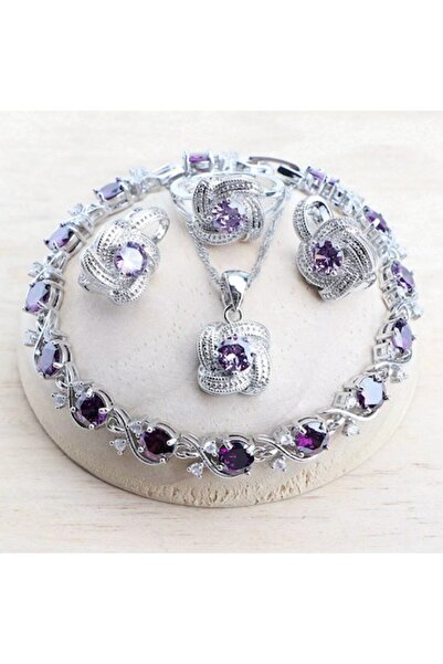 OEM 925 silver plated jewelry set with purple-amethyst zirconia crystals