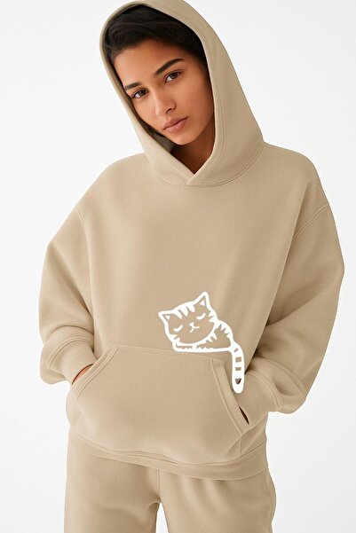 E-ROMA سترة بغطاء للرأس للجنسين مصنوعة من القطن الممشط بثلاثة خيوط مع طباعة قطة