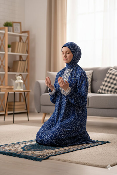 Defkay Kendinden başörtülü şık dantelli kadın namaz elbisesi pamuklu kumaş