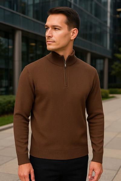 Maccali Men's High Neck Zippered Brown Sweatshirt Knitwear Sweater
