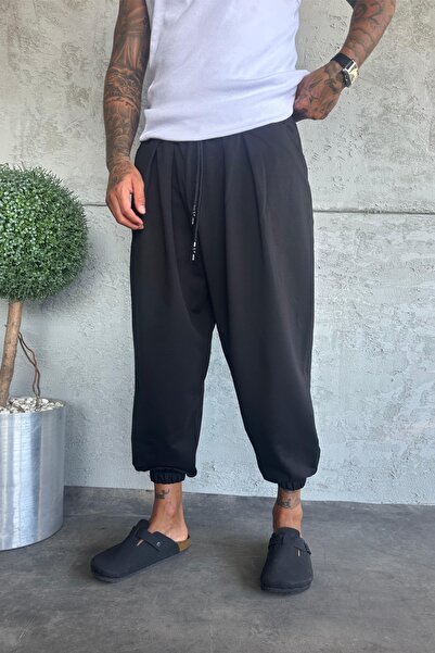 MADZEYMODA Erkek Siyah Salaş Pantolon Beli & Paçası Lastikli Likralı Harem Şalvar KE-7020