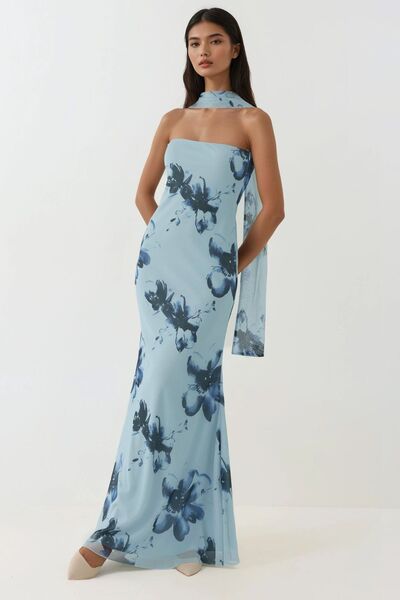 Hiccup Straplez Çiçek Desenli Tül Kuşaklı Bodycon Maxi Elbise