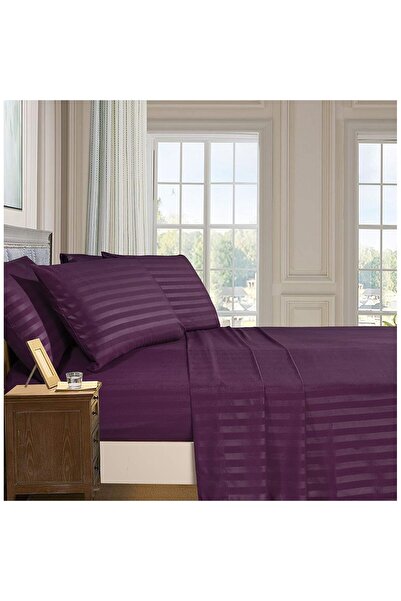 Kotonia Home Deco Bed Sheet, 100% Cotton, Damask Satin, Stripe Size 1 cm, Purple, 220x240 cm