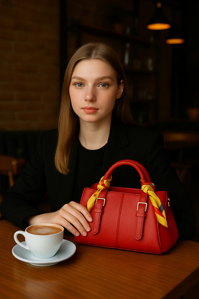 ESTUTE Kadın Şık Deri Görünümlü Fular Detaylı Omuz ve El Çantası