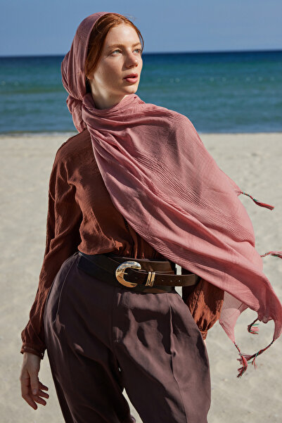 FENZA SCARF ŞAL DE BUMBAC BRICE ROZ ROSE CU FRĂCHĂ LUNGĂ