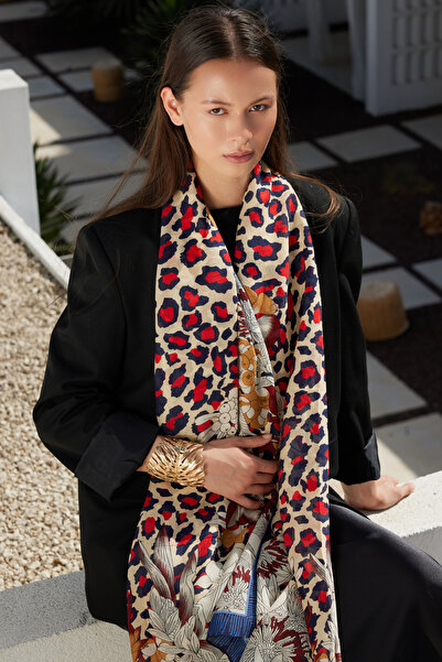 FENZA SCARF ŞAL DE MĂTĂSĂ LİORA ALBASTRU-ROȘU CU MOTIV LEOPARD