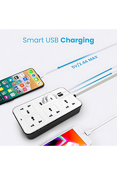 Genenic Universal Extension Cord with 4 Power Socket, 3USB &1 type C charging slot, Lead 5M,13A, MAX W 2500