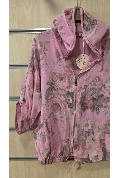 Park Moda Ιταλικό μπουφάν με κουκούλα με φερμουάρ και σχέδιο ροζ μπατίκ