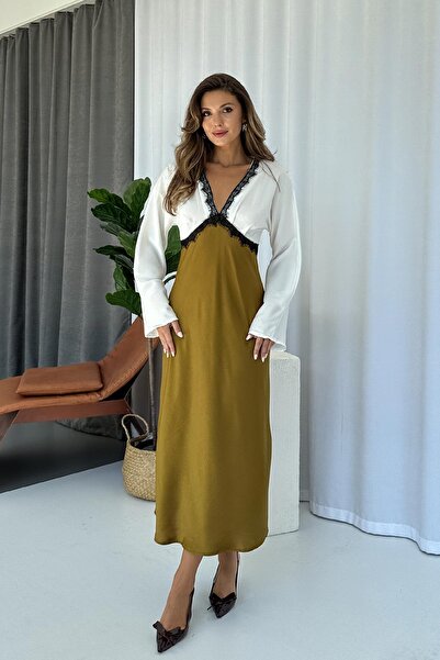 Mine Tan Butik V-Neck Lace Detailed Women's Dress - Khaki