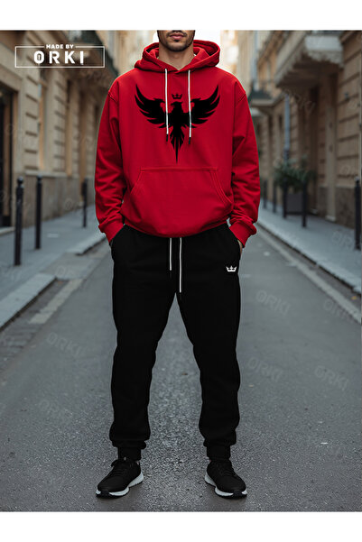 EFFRENATU Crowned Eagle Printed Red Oversize Hooded Sweatshirt Black Pants Jogger Tracksuit Set
