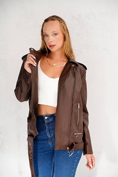 Jaglion Новий сезон Oversize довга жіноча темно-кавова шкіряна куртка