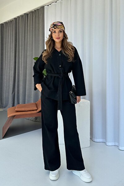 Mine Tan Butik طقم قميص وبنطلون نسائي من الدنيم بياقة على شكل V وحزام خصر - أسود