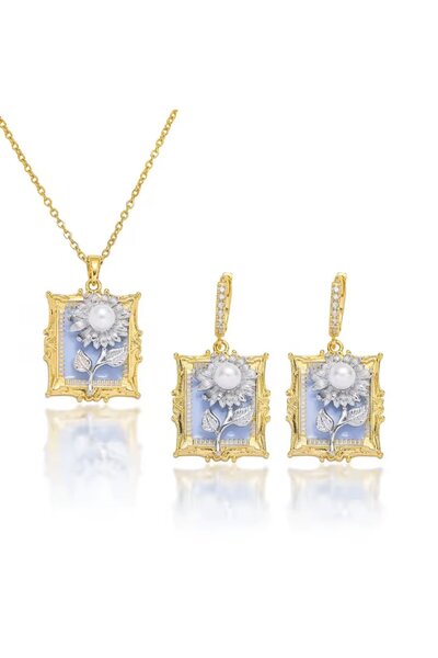 OEM CAIOOCHE - Set bijuterii vintage placate cu aur de 18 K, cu floare-perla si strasuri