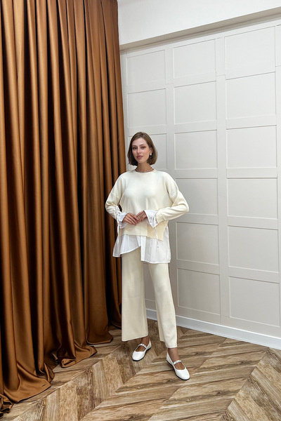 Stilife Truva Shirt Detail Mercerized Knitwear Set Stone