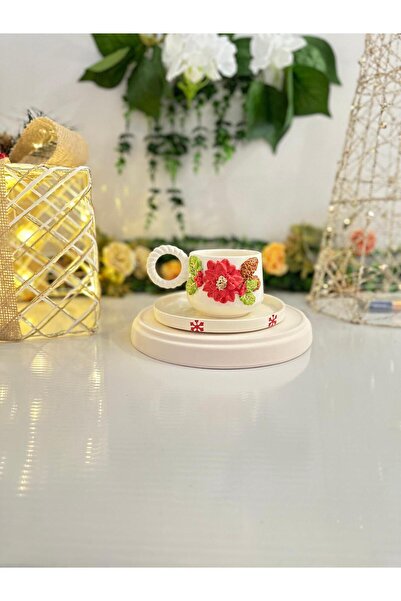 AYLEFE HOBBY Handmade Christmas Ceramic Mug with Flower Decoration