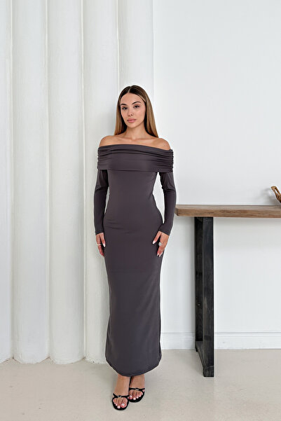 MİROR Women's Anthracite Madonna Collar Long Sleeve Evening Dress