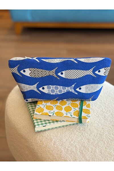 MEKİK BUTİK MAVİ BALIK DESENLİ Çevre Dostu Yıkanabilir Fermuarlı BEZ KALEMLİK / Makyaj çantası