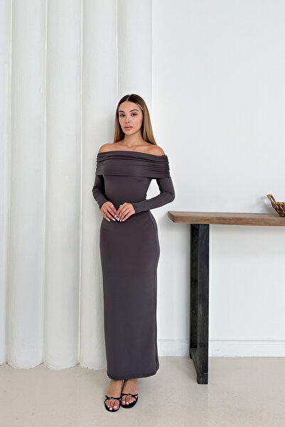 MİROR Women's Anthracite Madonna Collar Long Sleeve Evening Dress