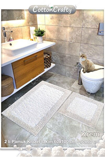 Cotton Crafty Cotton Woven Water Absorbent Bath Mat Set, Bathroom Rug Stone, Pasta Set of 2 60X100 - 60X50