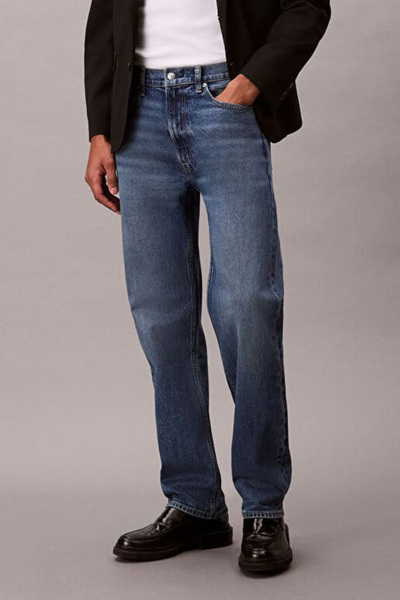 Calvin Klein Erkek Düz Kesim Pamuklu 5 Cepli Jean Pantolon - Mavi