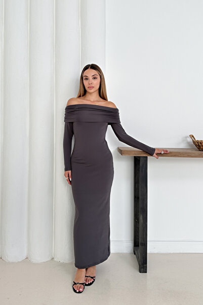 MİROR Women's Anthracite Madonna Collar Long Sleeve Evening Dress