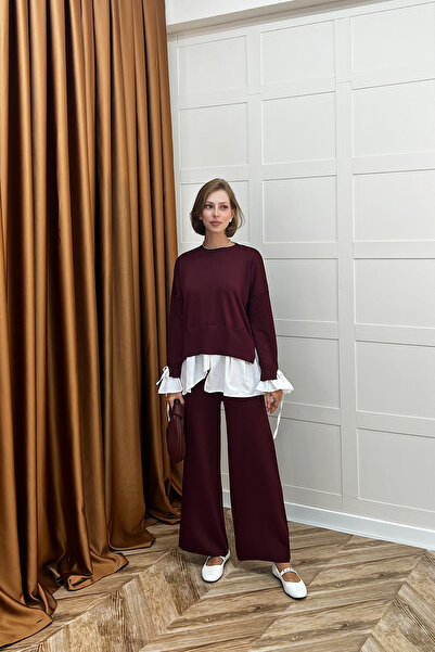 Stilife Truva Shirt Detail Mercerized Knitwear Set Burgundy