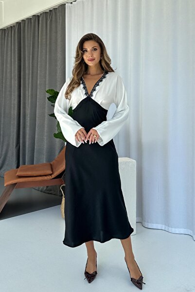 Mine Tan Butik V Yaka Dantel Detaylı Kadın Elbise - Siyah