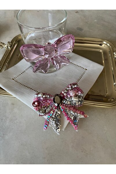 Hatice sakallı design 1 Adet Fiyonk Kurdele İşlemeli Taşlı Fiyonk Kahve Yanı Sunum kokteyl Peçetesi