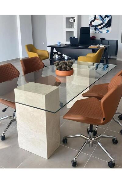 Sümeyra Marble Art Cam Tablalı Mermer Ayaklı Ofis Masası