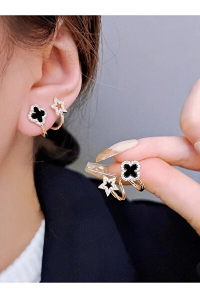 C&K Atelier 925 Ayar Gümüş Yıldız ve Siyah Yonca Figürlü Çelik Küpe – Şık ve Modern