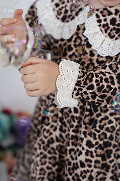 ALYRA Рокля с леопардов принт за момичета с бебешка яка от дантела за рожден ден, специален повод, парти, сватба, ежедневно носене, бебешка рокля за